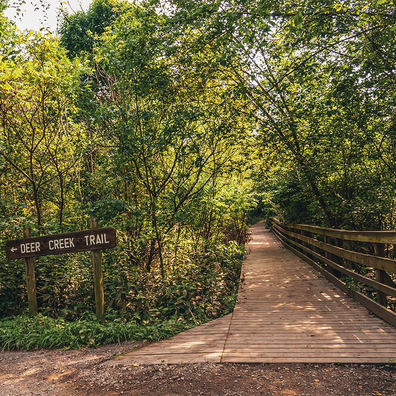 The Deer Creek Trail sign in Frick Park, Pittsburgh, Pennsylvania
